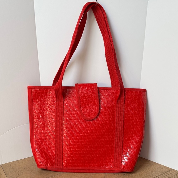 Vintage Italian red canvas and woven wicker Red Tote Bag - Picture 1 of 9
